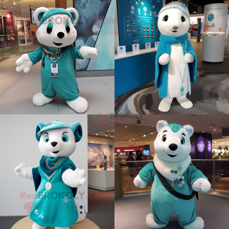 Teal Ermine mascot costume character dressed with Coat and Bracelets Teal Ermine mascot costume character dressed with Coat and Bracelets