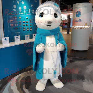 Teal Ermine mascot costume character dressed with Coat and Bracelets