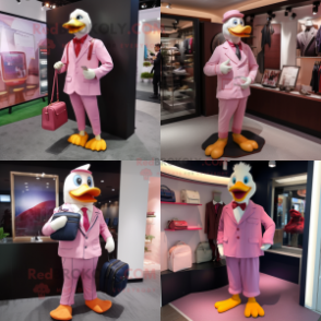 Pink Muscovy Duck mascot costume character dressed with Suit Pants and Wallets