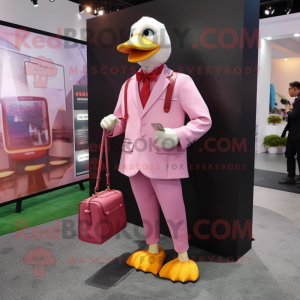 Pink Muscovy Duck mascot costume character dressed with Suit Pants and Wallets