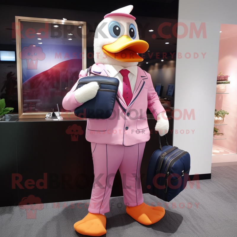 Pink Muscovy Duck mascot costume character dressed with Suit Pants and Wallets