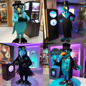 Turquoise Crow mascot costume character dressed with Tuxedo and Digital watches