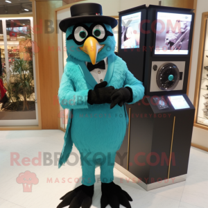 Turquoise Crow mascot costume character dressed with Tuxedo and Digital watches