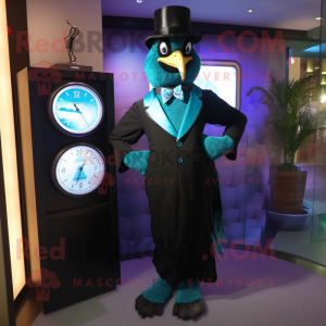 Turquoise Crow mascot costume character dressed with Tuxedo and Digital watches