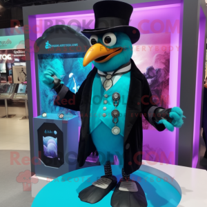 Turquoise Crow mascot costume character dressed with Tuxedo and Digital watches