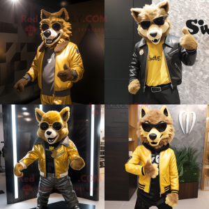 Gold say wolf mascot costume character dressed with Leather Jacket and Eyeglasses