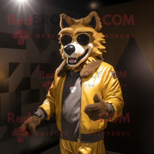 Gold say wolf mascot costume character dressed with Leather Jacket and Eyeglasses