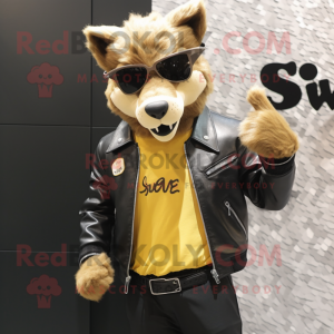 Gold say wolf mascot costume character dressed with Leather Jacket and Eyeglasses