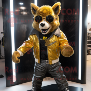 Gold say wolf mascot costume character dressed with Leather Jacket and Eyeglasses