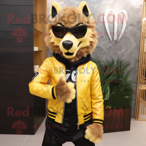 Gold say wolf mascot costume character dressed with Leather Jacket and Eyeglasses