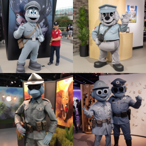 Gray Commando mascot costume character dressed with Boyfriend Jeans and Lapel pins