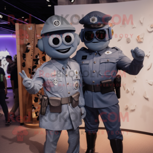 Gray Commando mascot costume character dressed with Boyfriend Jeans and Lapel pins