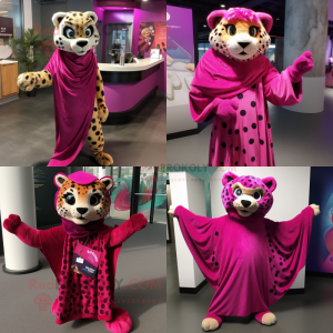 Magenta Cheetah mascot costume character dressed with Wrap Dress and Shawl pins