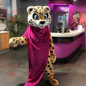 Magenta Cheetah mascot costume character dressed with Wrap Dress and Shawl pins