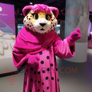 Magenta Cheetah mascot costume character dressed with Wrap Dress and Shawl pins