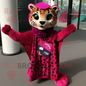 Magenta Cheetah mascot costume character dressed with Wrap Dress and Shawl pins