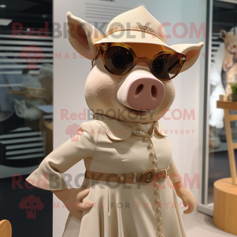 Tan Sow mascot costume character dressed with Dress and Sunglasses Tan Sow mascot costume character dressed with Dress and Sunglasses