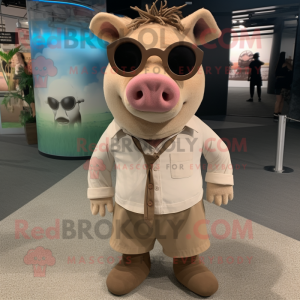 Tan Sow mascot costume character dressed with Dress and Sunglasses