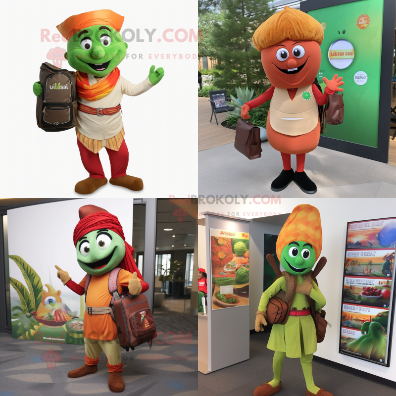 Olive Tikka Masala mascot costume character dressed with Dress Pants and Backpacks