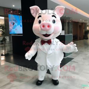 White Pig mascot costume character dressed with T-Shirt and Bow ties