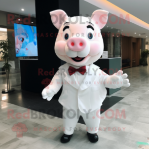 White Pig mascot costume character dressed with T-Shirt and Bow ties