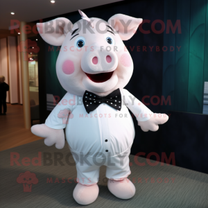 White Pig mascot costume character dressed with T-Shirt and Bow ties