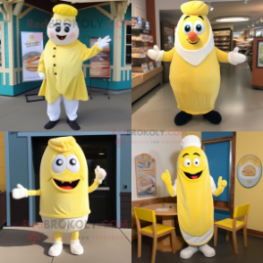 Lemon Yellow Clam Chowder mascot costume character dressed with Henley Shirt and Mittens