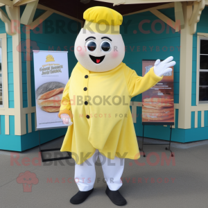 Lemon Yellow Clam Chowder mascot costume character dressed with Henley Shirt and Mittens