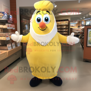 Lemon Yellow Clam Chowder mascot costume character dressed with Henley Shirt and Mittens