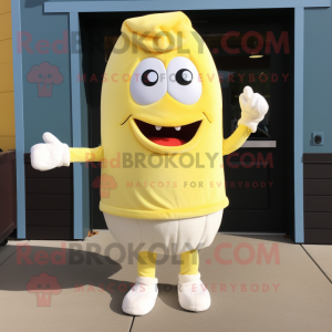 Lemon Yellow Clam Chowder mascot costume character dressed with Henley Shirt and Mittens