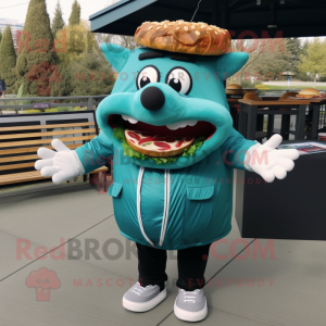 Teal Pulled Pork Sandwich mascot costume character dressed with Leather Jacket and Shoe clips