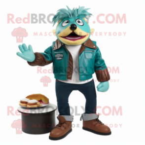 Teal Pulled Pork Sandwich mascot costume character dressed with Leather Jacket and Shoe clips