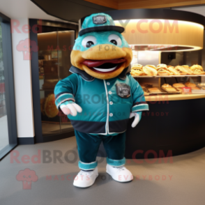 Teal Pulled Pork Sandwich mascot costume character dressed with Leather Jacket and Shoe clips