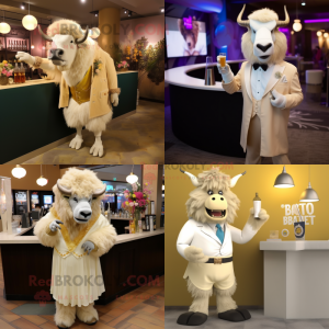 Cream Bison mascot costume character dressed with Cocktail Dress and Lapel pins