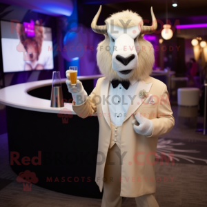 Cream Bison mascot costume character dressed with Cocktail Dress and Lapel pins