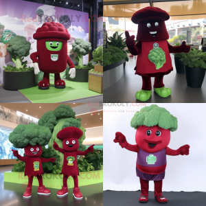 Maroon Broccoli mascot costume character dressed with Rash Guard and Hats