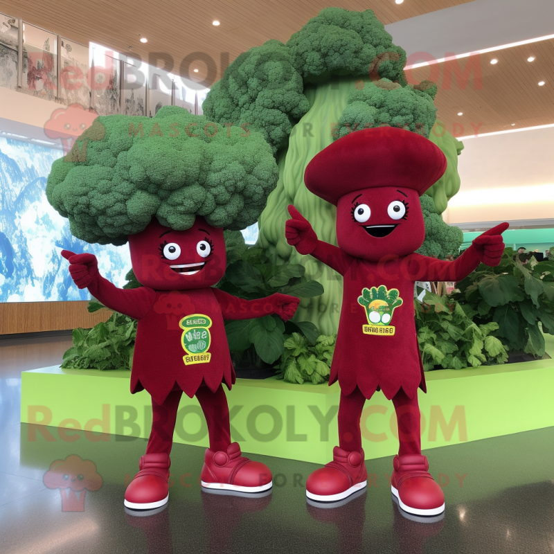 Maroon Broccoli mascot costume character dressed with Rash Guard and Hats Maroon Broccoli mascot costume character dressed with Rash Guard and Hats