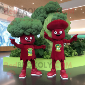 Maroon Broccoli mascot costume character dressed with Rash Guard and Hats