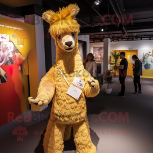 Gold Llama mascot costume character dressed with Trousers and Headbands