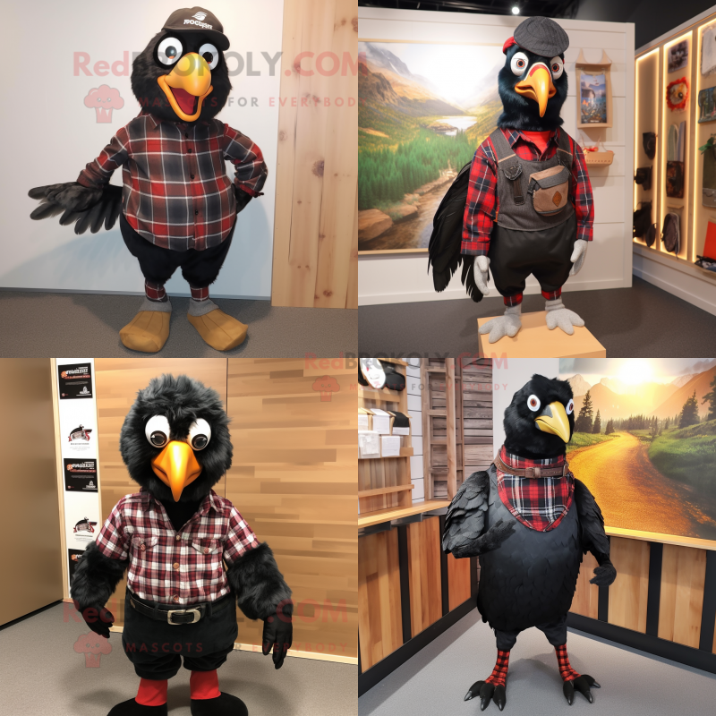 Black Pheasant mascot costume character dressed with Flannel Shirt and Belts