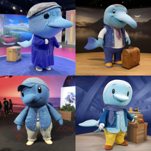 nan Blue Whale mascot costume character dressed with Cargo Shorts and Shawls