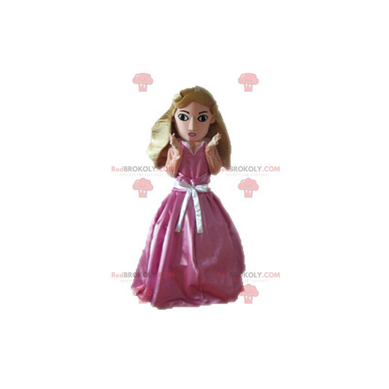 Mascotte principessa bionda vestita con un abito rosa -