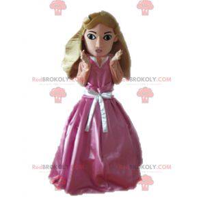 Mascotte principessa bionda vestita con un abito rosa -