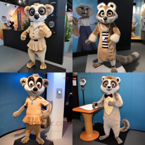 Tan Lemur mascot costume character dressed with Mini Dress and Tie pins