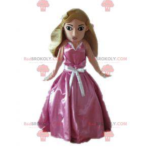 Mascotte de princesse blonde habillée d'une robe rose -