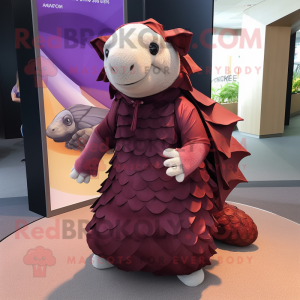 Maroon Pangolin mascot costume character dressed with Wrap Skirt and Wraps