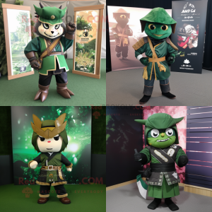 Forest Green Samurai mascot costume character dressed with Leather Jacket and Pocket squares