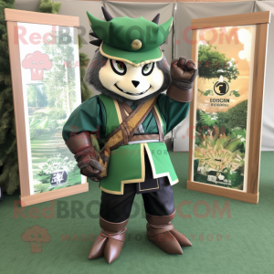 Forest Green Samurai mascot costume character dressed with Leather Jacket and Pocket squares