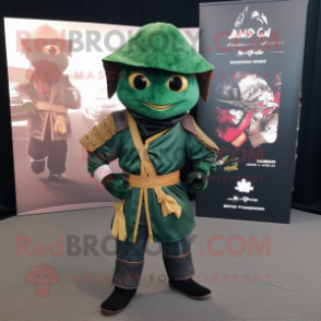 Forest Green Samurai mascot costume character dressed with Leather Jacket and Pocket squares