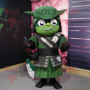 Forest Green Samurai mascot costume character dressed with Leather Jacket and Pocket squares